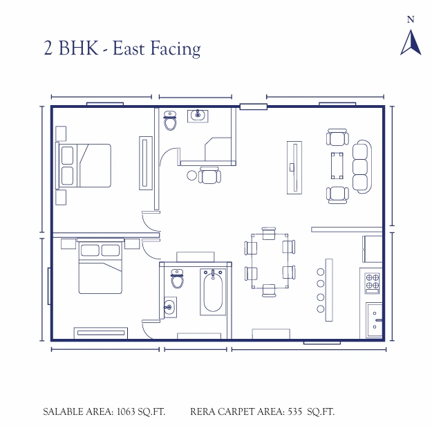 2 BHK Floor Plan – Raunaq Liverpool, 1071 sqft